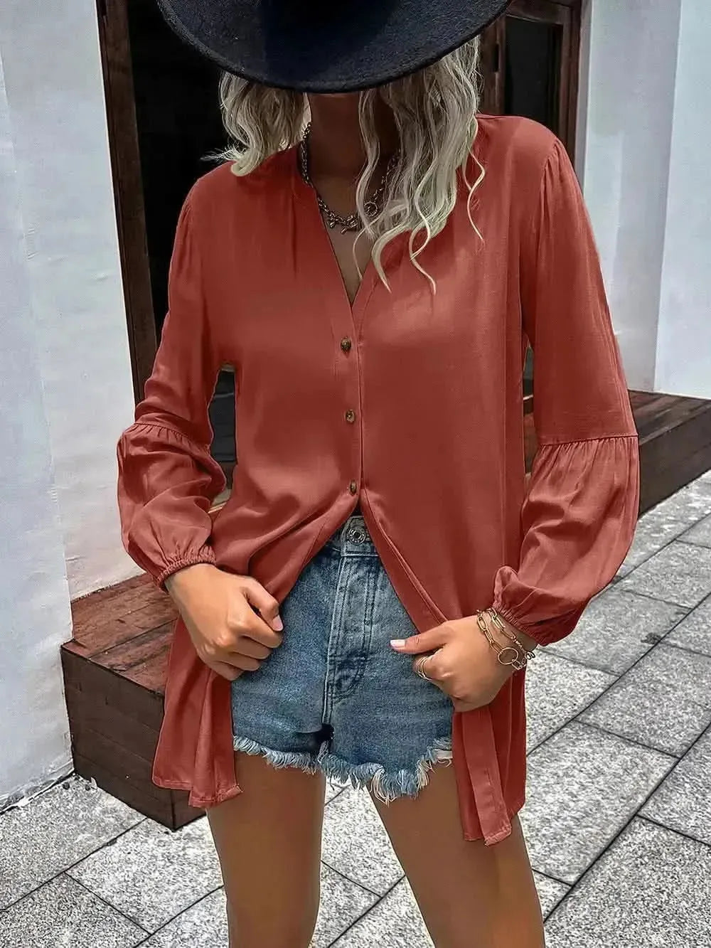 Ivy Lane Notched Neck Balloon Sleeve Shirt - Bad Moms Club