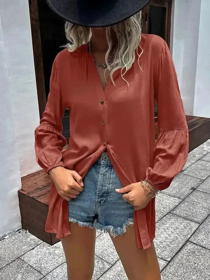 Ivy Lane Notched Neck Balloon Sleeve Shirt - Bad Moms Club