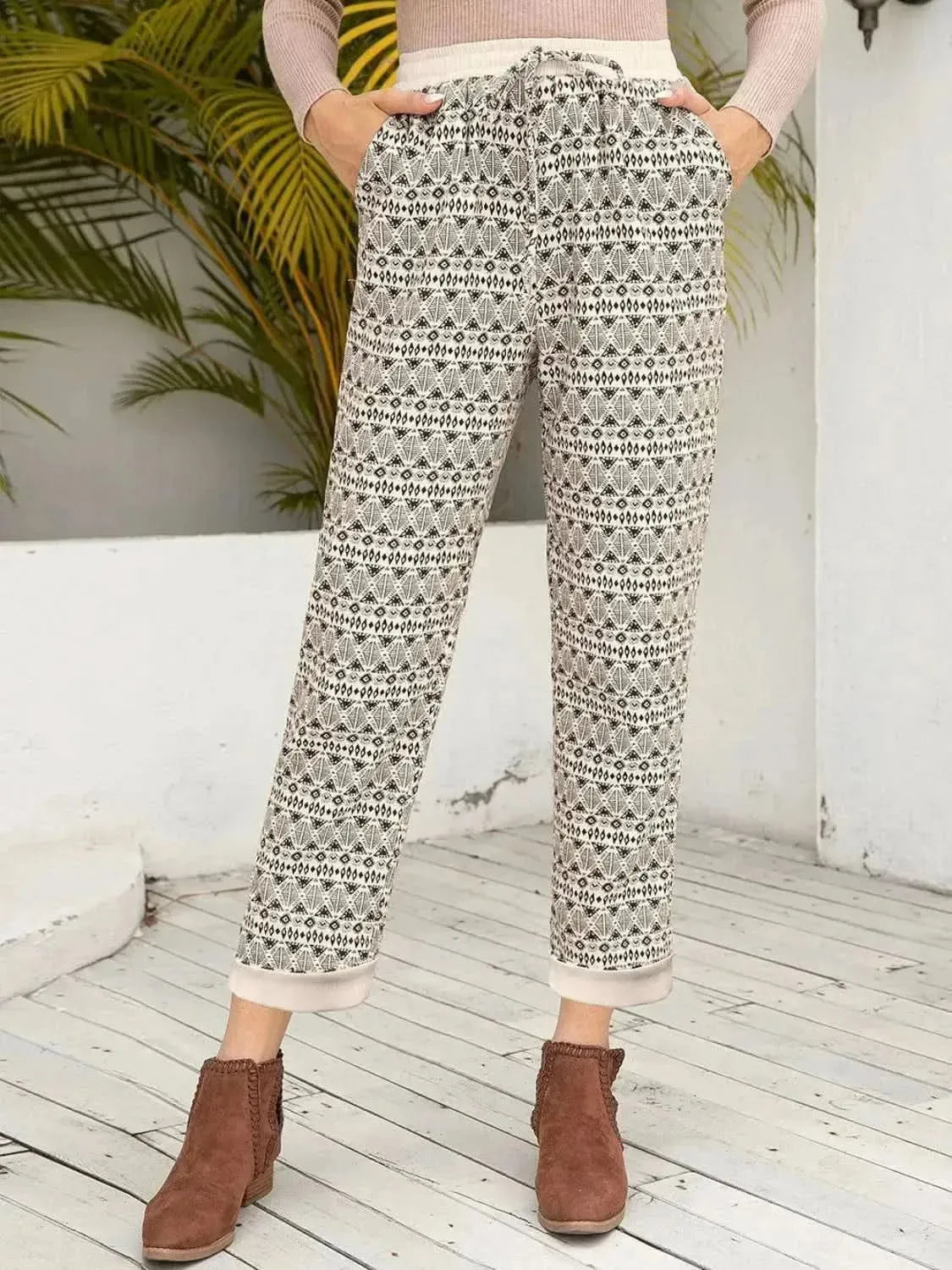 Ivy Lane Tied Printed Pants with Pockets - Bad Moms Club