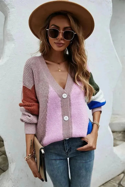Contrast Button Front V-Neck Cardigan - Bad Moms Club