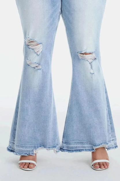 BAYEAS Full Size Distressed Raw Hem High Waist Flare Jeans - Bad Moms Club