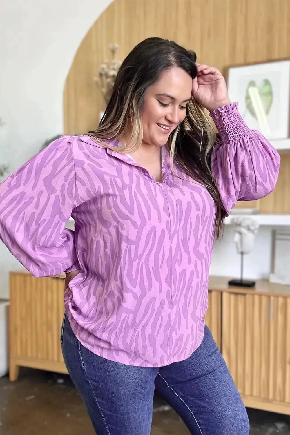Double Take Full Size Printed Smocked Long Sleeve Blouse - Bad Moms Club
