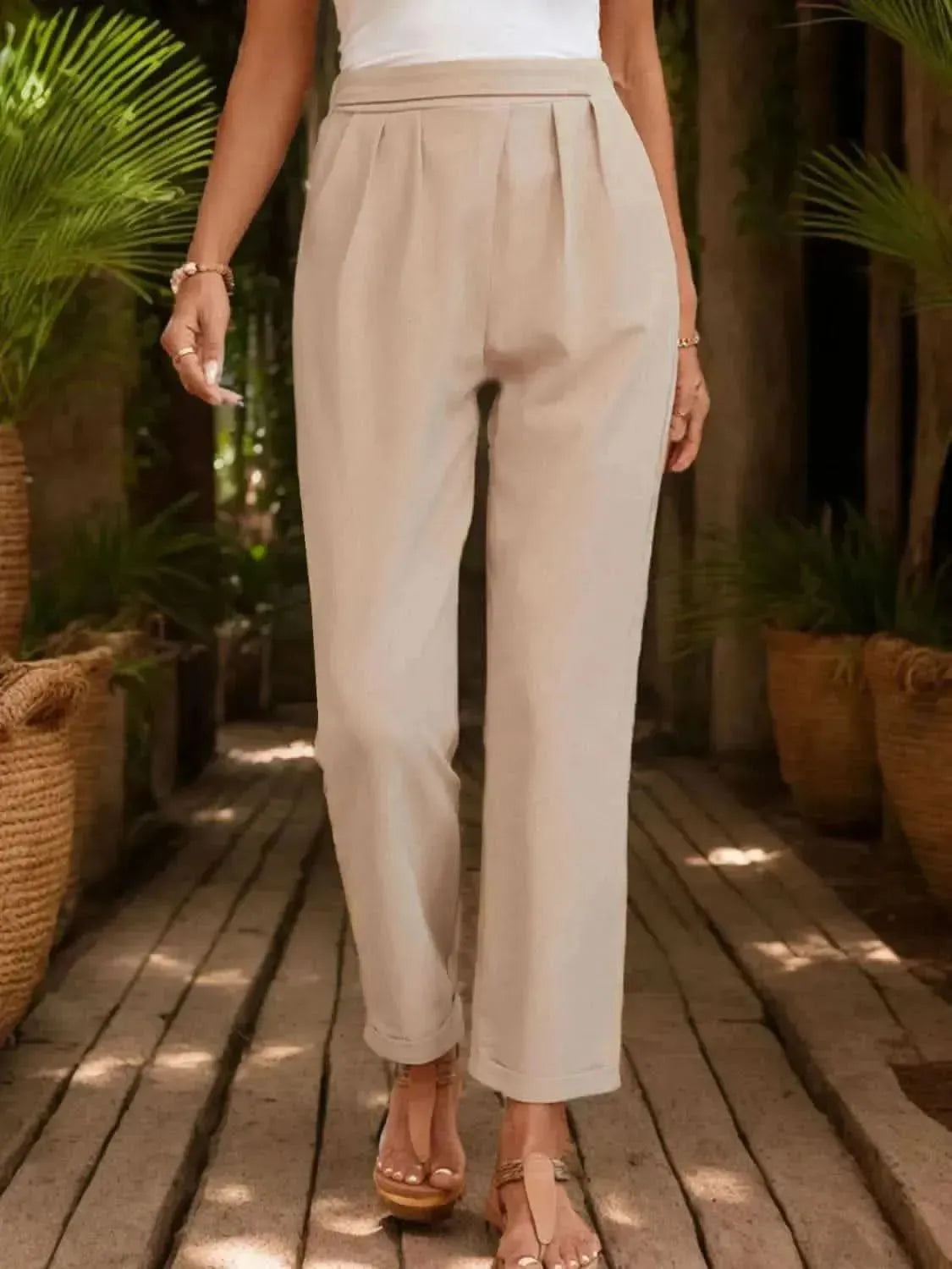 Perfee Ruched Half Elastic Waist Pants - Bad Moms Club