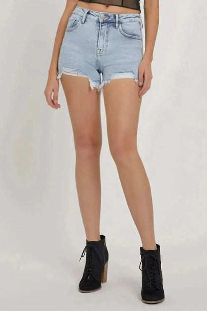 RISEN Full Size High Rise Rhinestone Strap Embellished Denim Shorts - Bad Moms Club