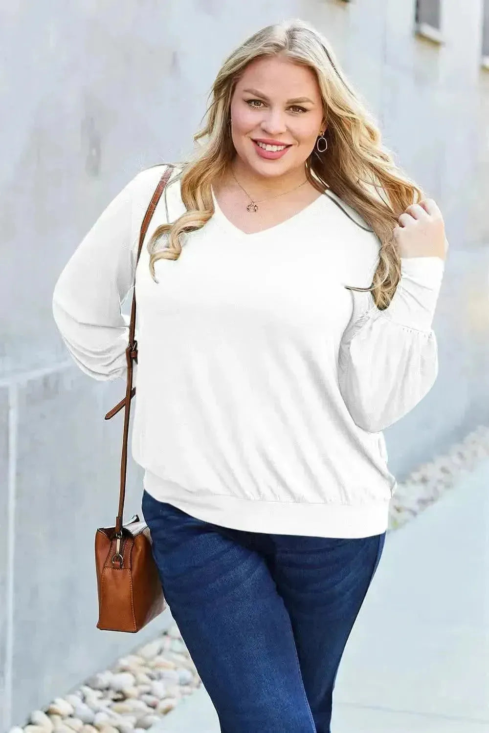 Basic Bae Full Size V-Neck Lantern Sleeve Top - Bad Moms Club