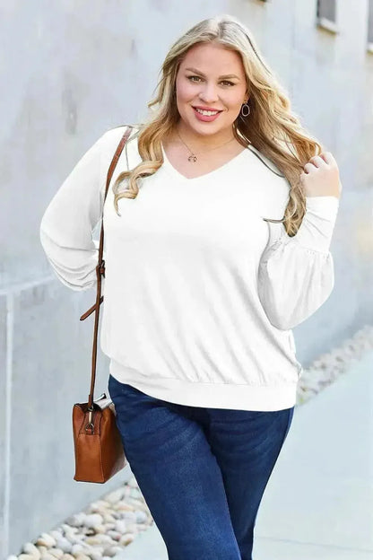 Basic Bae Full Size V-Neck Lantern Sleeve Top - Bad Moms Club