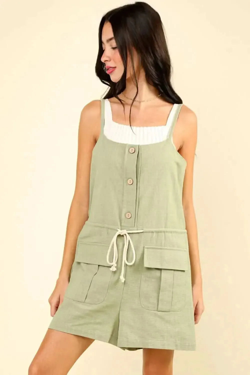 VERY J Half Button Drawstring Sleeveless Romper - Bad Moms Club