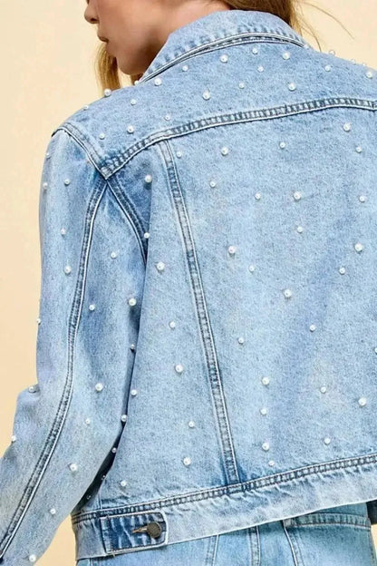 Veveret Button Up Pearl Detail Long Sleeve Denim Jacket - Bad Moms Club
