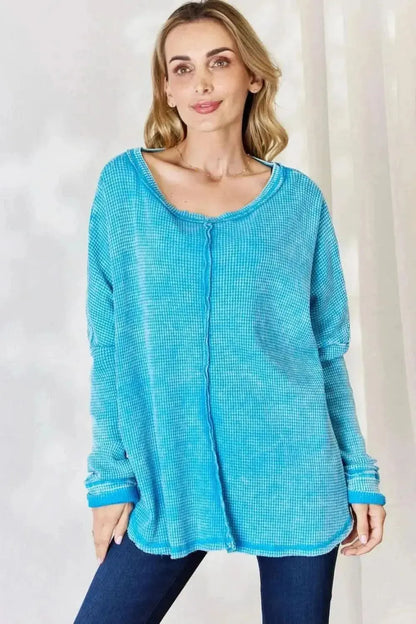Zenana Oversized Waffle Long Sleeve Top - Bad Moms Club