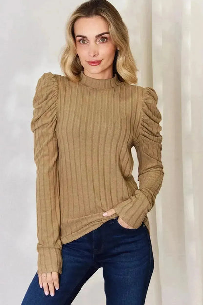 Basic Bae Full Size Ribbed Mock Neck Puff Sleeve T-Shirt - Bad Moms Club