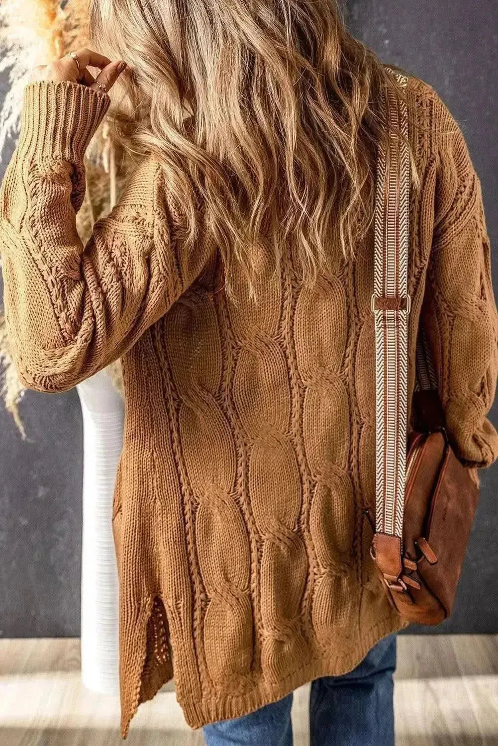 Cable-Knit Dropped Shoulder Slit Cardigan - Bad Moms Club