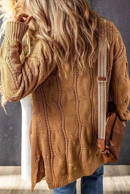Cable-Knit Dropped Shoulder Slit Cardigan - Bad Moms Club