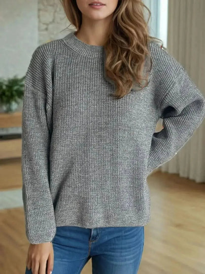 Solid Color Round Neck Long Sleeve Sweater - Bad Moms Club