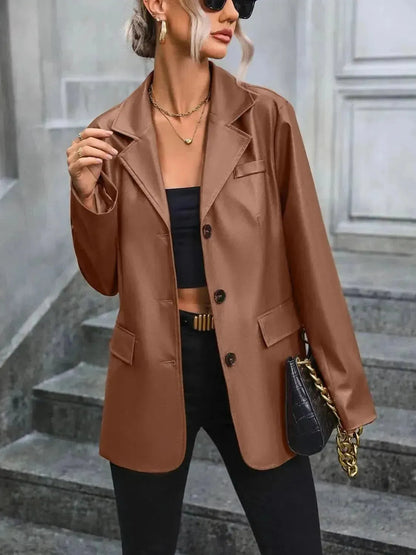 Pocketed Button Up Collared Neck Blazer - Bad Moms Club