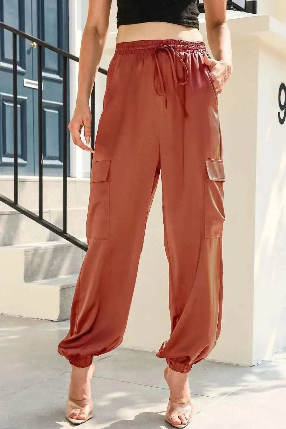 Long Tie Waist Pocketed Pants - Bad Moms Club