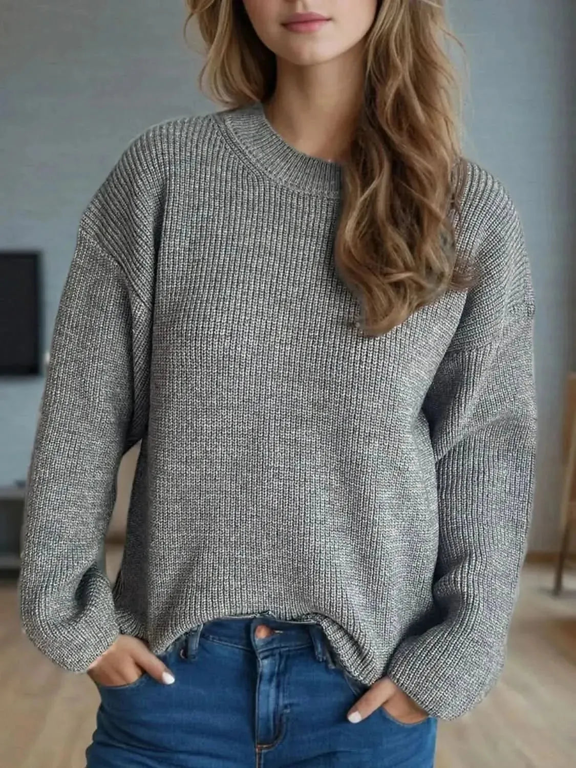 Solid Color Round Neck Long Sleeve Sweater - Bad Moms Club