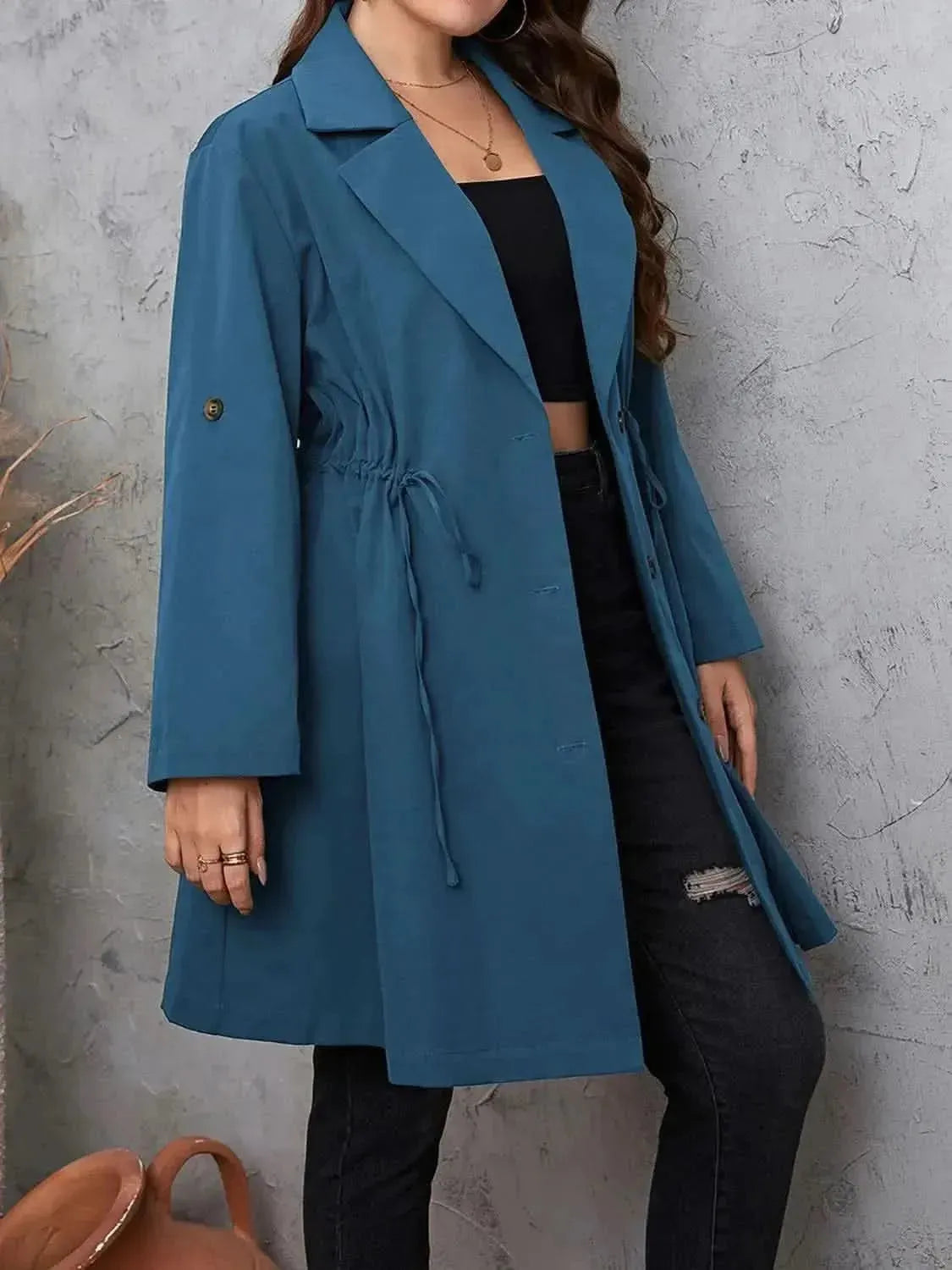 Plus Size Lapel Collar Drawstring Roll-Tab Sleeve Trench Coat - Bad Moms Club