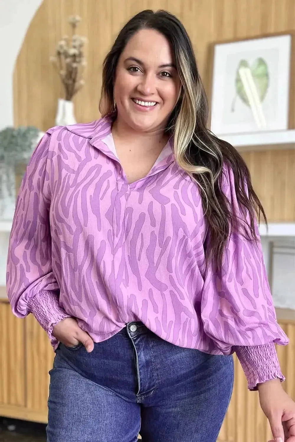 Double Take Full Size Printed Smocked Long Sleeve Blouse - Bad Moms Club