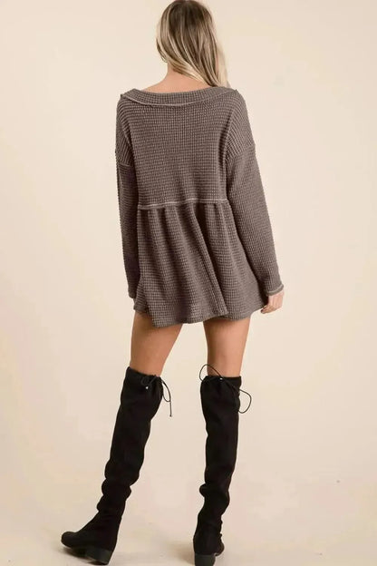 BiBi Waffle Knit V-Neck Babydoll Blouse - Bad Moms Club