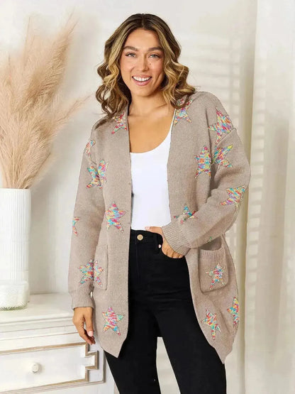 Star Pattern Open Front Cardigan with Pockets - Bad Moms Club