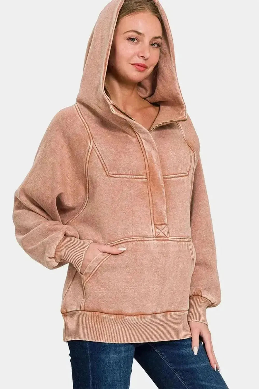 Zenana Acid Wash Fleece Kangaroo Hoodie - Bad Moms Club