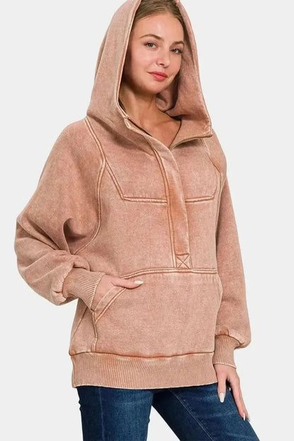 Zenana Acid Wash Fleece Kangaroo Hoodie - Bad Moms Club