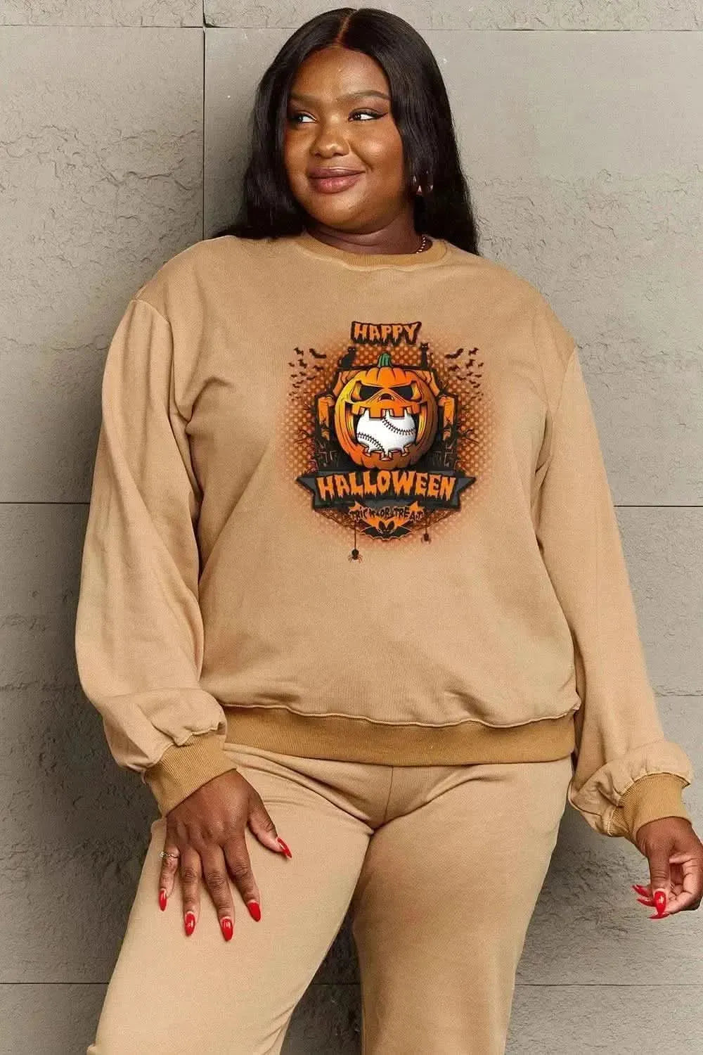 Simply Love Full Size HAPPY HALLOWEEN Graphic Sweatshirt - Bad Moms Club
