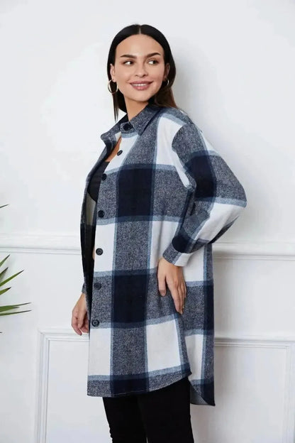 Plaid Button Up Collared Neck Outerwear - Bad Moms Club