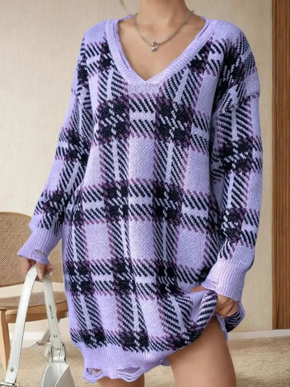 Distressed Plaid V-Neck Long Sleeve Sweater Dress - Bad Moms Club