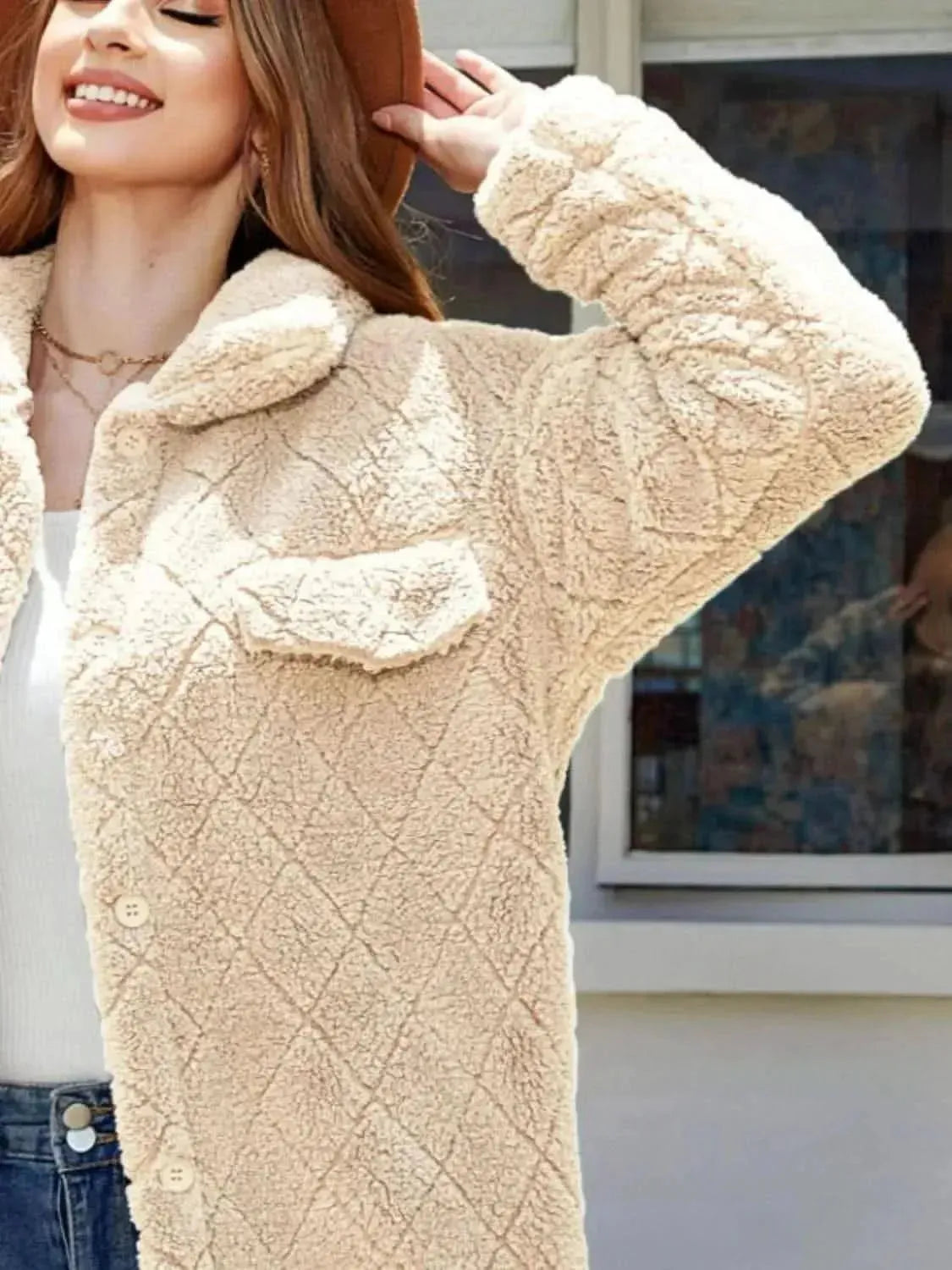 Texture Button Up Dropped Shoulder Coat - Bad Moms Club