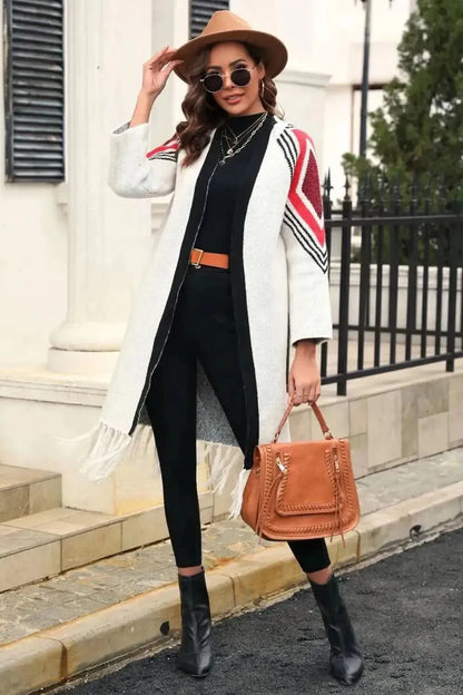 Geometric Fringe Hem Open Front Duster Cardigan - Bad Moms Club