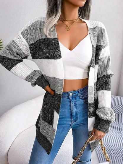 Striped Rib-Knit Open Front Longline Cardigan - Bad Moms Club