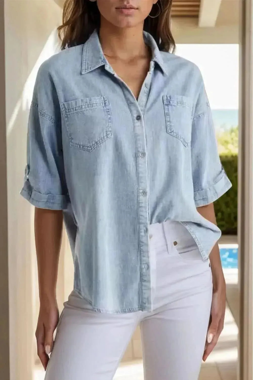 Pocketed Button Up Half Sleeve Denim Shirt - Bad Moms Club