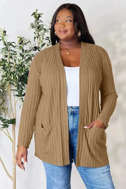 Basic Bae Full Size Ribbed Open Front Cardigan with Pockets - Bad Moms Club