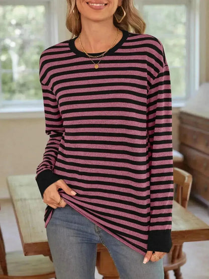 Striped Round Neck Long Sleeve T-Shirt - Bad Moms Club