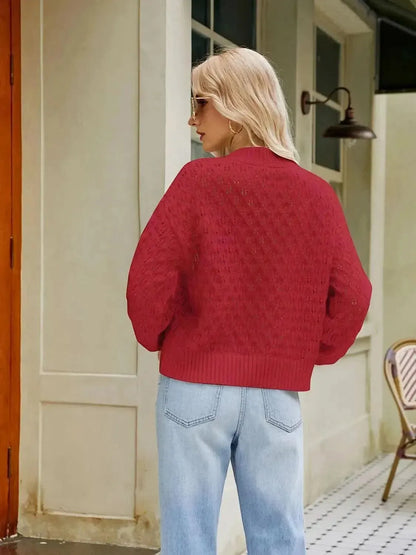 Openwork Round Neck Sweater - Bad Moms Club
