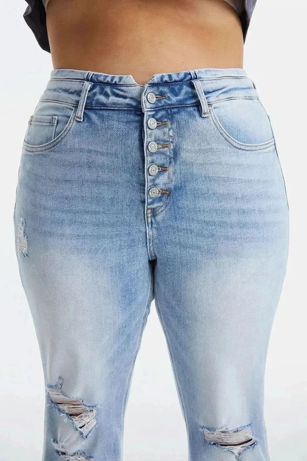 BAYEAS Full Size Distressed Raw Hem High Waist Flare Jeans - Bad Moms Club
