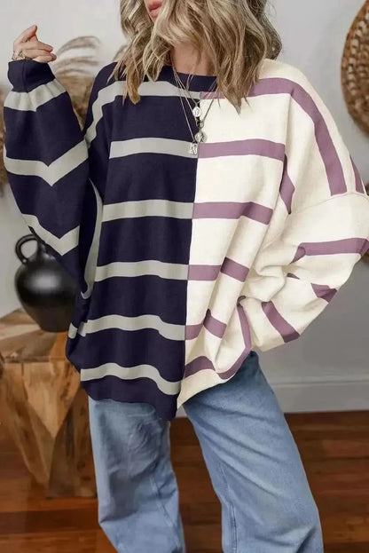 Striped Round Neck Long Sleeve Knit Top - Bad Moms Club