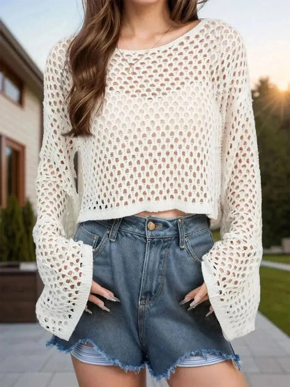 Openwork Round Neck Long Sleeve Cover Up - Bad Moms Club