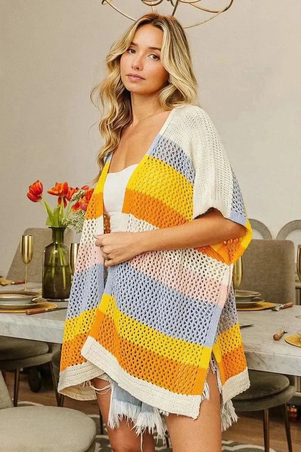 BiBi Openwork Striped Open Front Knit Cardigan - Bad Moms Club