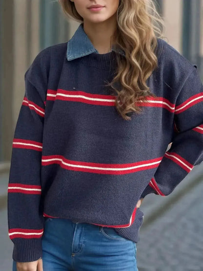 Contrast Stripes Round Neck Long Sleeve Sweater - Bad Moms Club