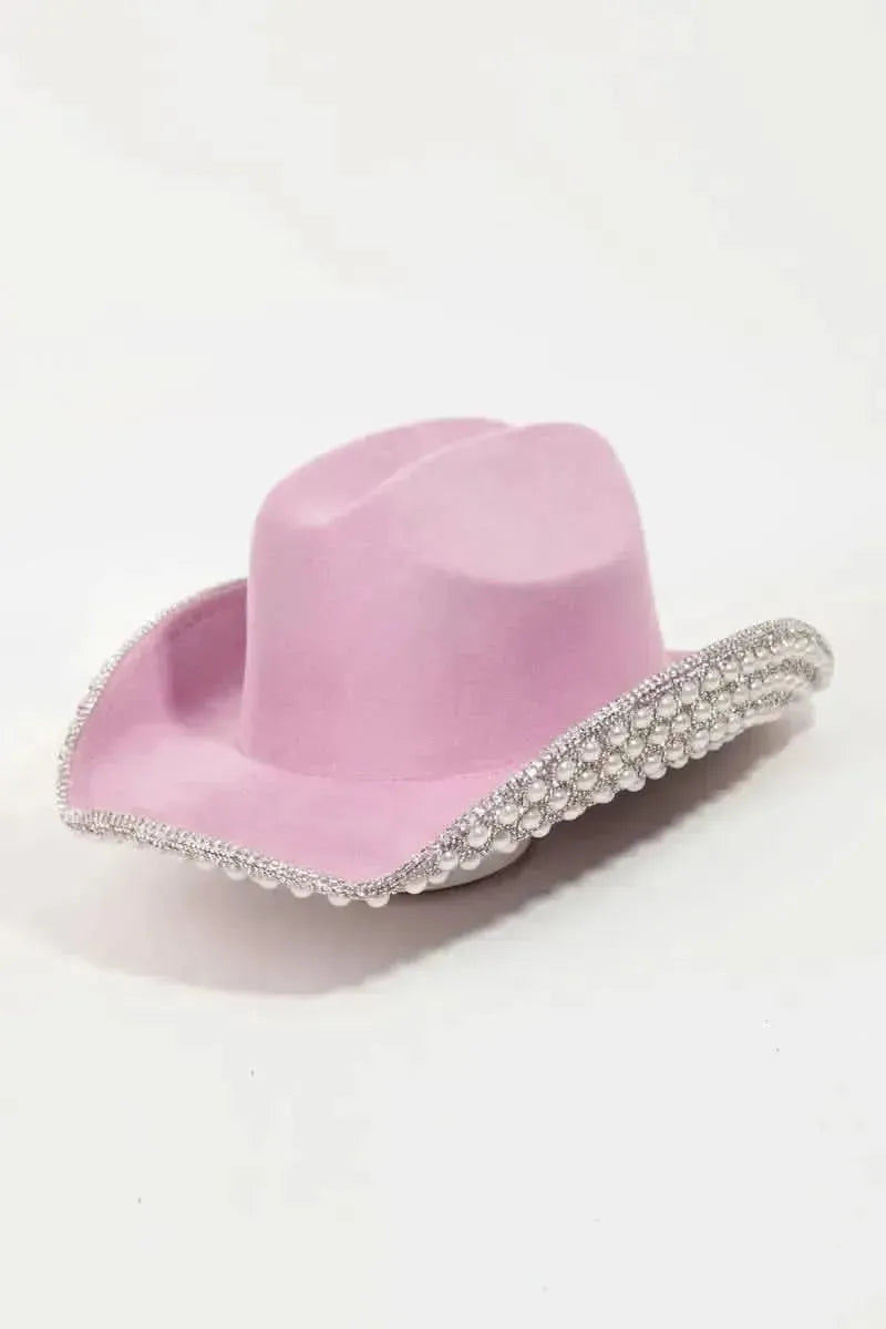 Fame Pave Rhinestone Pearl Trim Cowboy Hat - Bad Moms Club
