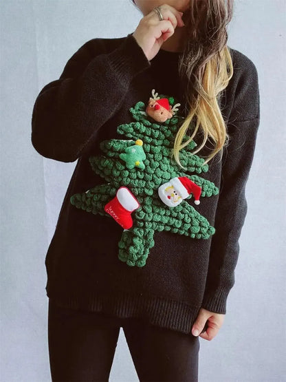 Christmas Tree Round Neck Long Sleeve Sweater - Bad Moms Club