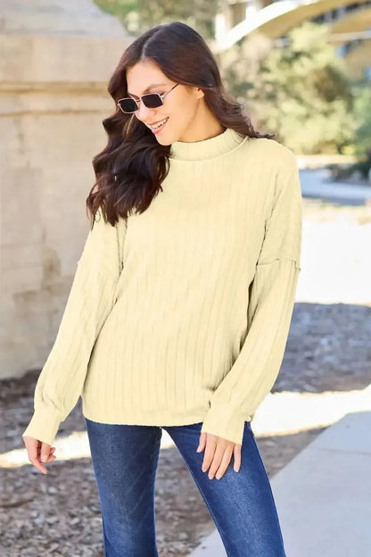Basic Bae Full Size Ribbed Exposed Seam Mock Neck Knit Top - Bad Moms Club