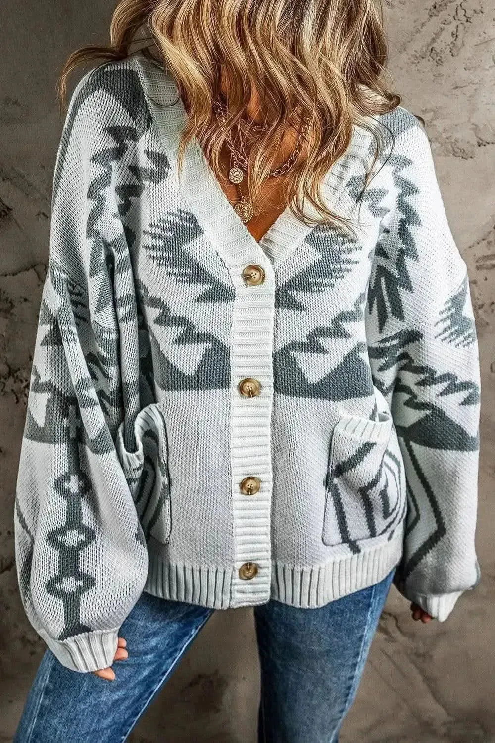 Printed Button Up V-Neck Long Sleeve Cardigan - Bad Moms Club
