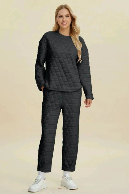 Double Take Full Size Texture Round Neck Long Sleeve Top and Pants Set - Bad Moms Club