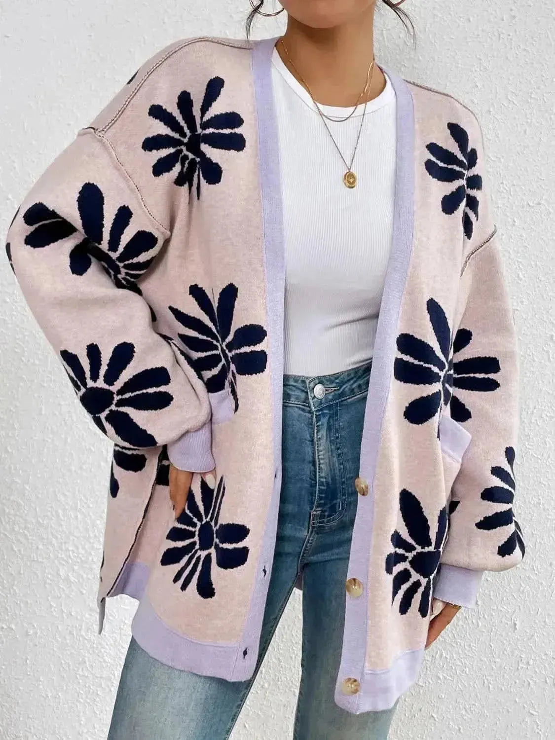 Contrast Dropped Shoulder Long Sleeve Cardigan - Bad Moms Club