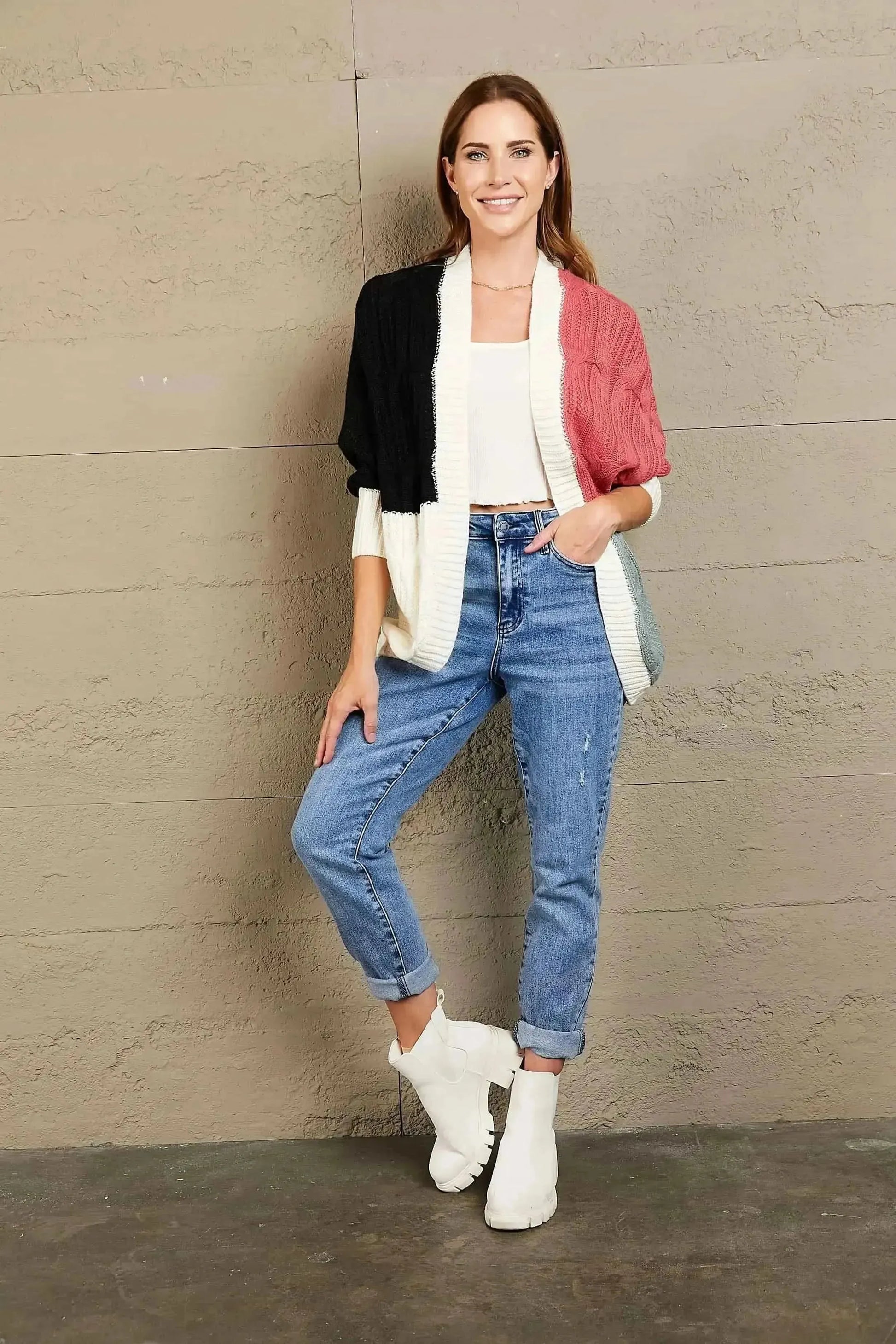 Woven Right Color Block Cable-Knit Batwing Sleeve Cardigan - Bad Moms Club
