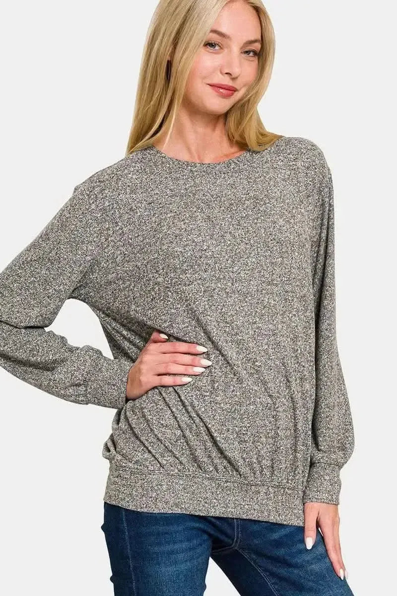 Zenana Full Size Melange Round Neck Top - Bad Moms Club