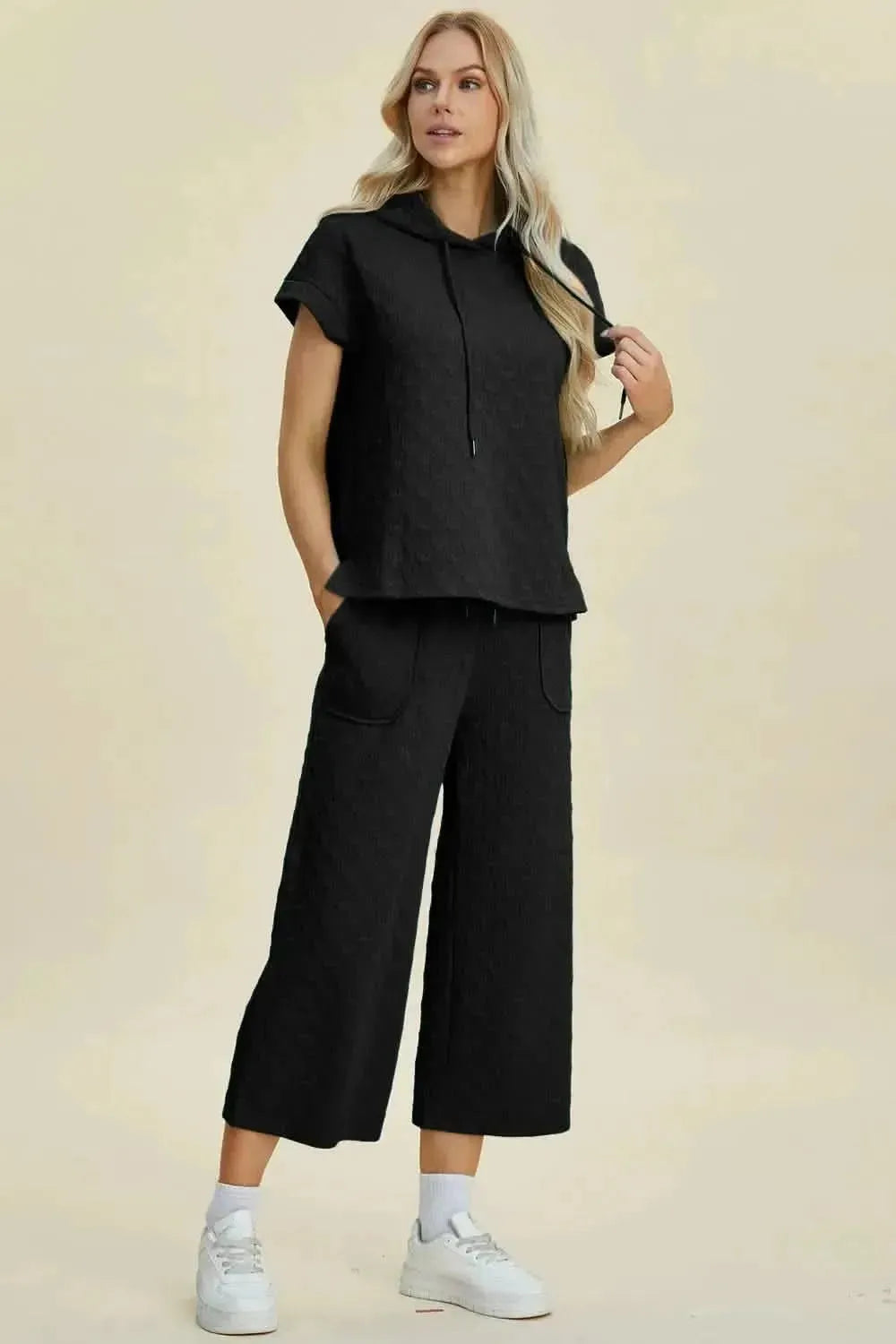 Double Take Full Size Texture Drawstring Short Sleeve Hoodie and Pocketed Pants Set - Bad Moms Club